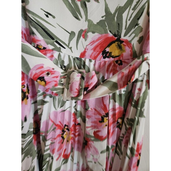 Tahari Pink Green Floral Print Pleated  Belted Midi Dress Sz 6 Pink White Green - Picture 3 of 8